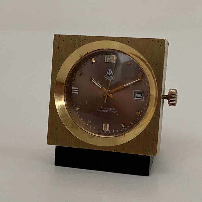 UWS - Mechanical desk clock, 17 Jewels Shockproof - Brass