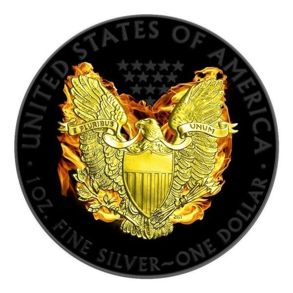 United States. 1 Dollar 2015 American Phoenix Silver Eagle Black Ruthenium 24k Gold Gilded - 1 oz
