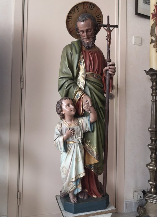 Große Statue "Heiliger Josef mit Jesuskind" - 122 cm - Gips, Holz - 19. Jahrhundert