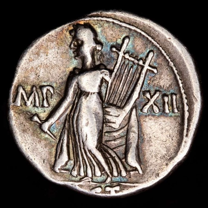 Roman Empire. Augustus (27 BC-AD 14). AR Denarius,  Lugdunum mint. 11-10 BC - IMP XII, Apollo Citharoedus, in long drapery, holding plectrum and lyre