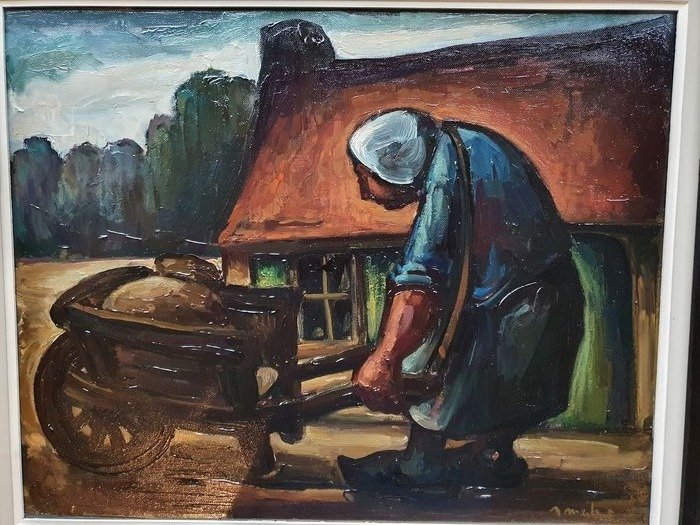 Hubert Malfait (1898-1971) - Expressionistisch landschap met boerin en kruiwagen voor boerderij