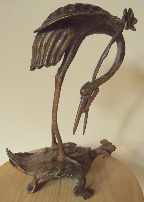 Kran eller hejre på kimæreskildpadde KINA XIX - Patineret bronze