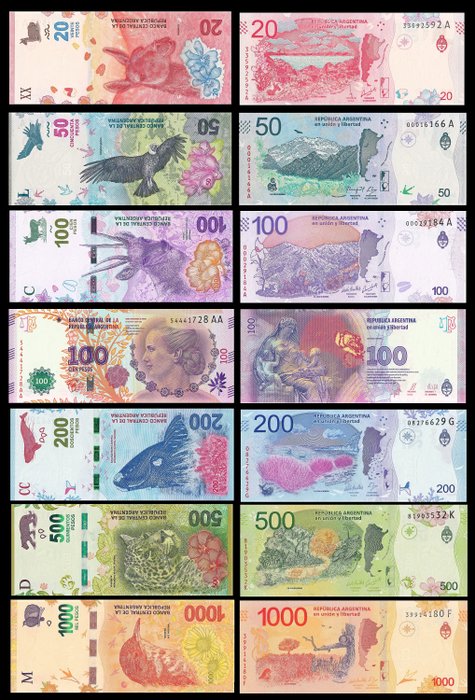 阿根廷 - 20, 50, 100, 100, 200, 500 and 1000 Peso Argentino 2016/2020 - Pick 361, NEW, 363, 364, 365, 366, 358c