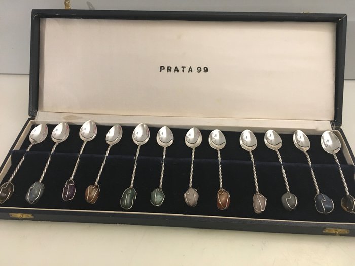 Spoons -  Cased  PRATA  99 silver plated set of 12 gem stones teaspoons (12) - Silverplate