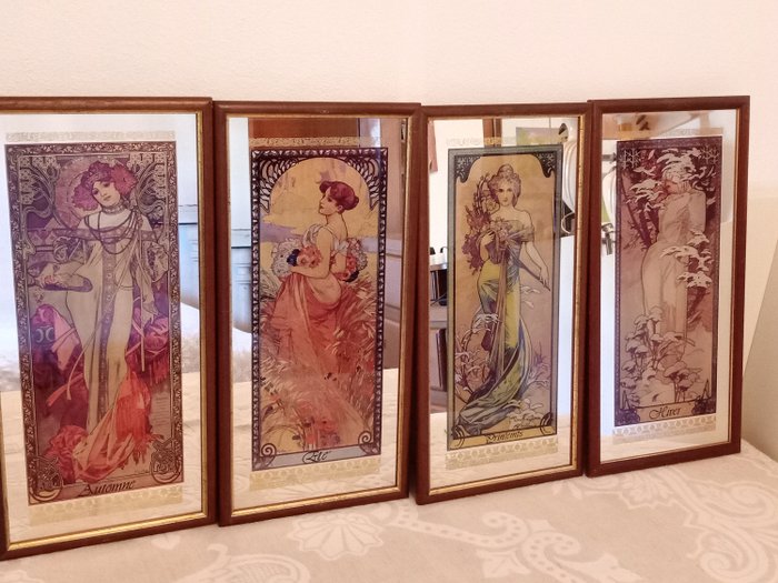 Alphonse Mucha - 4 Wandspiegel "Die vier Jahreszeiten" - Kristall (4) - Art Nouveau - Glas