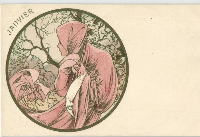 Alfonse Mucha - Série complète 12 mois de l'année - Couverture non documentée - Art Nouveau - Cartes postales (Collection de 12) - 1898-1898