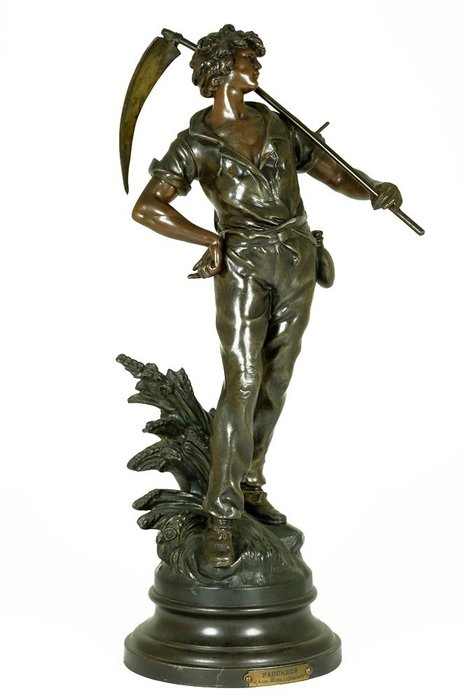 Auguste Moreau (1834-1917) - Große Skulptur eines Bauernjungen mit Sense mit dem Titel 'Faucheur' - 53 cm - Rohzink - um 1900