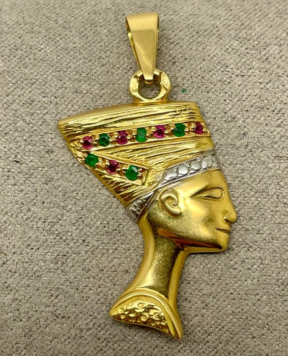 18-karatowe Żółte złoto - Wisiorek "Nefertiti" BEZ REZERWY Rubin - Szmaragdy