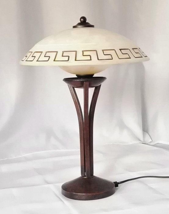 A.M. LUCE S.R.L. - Tafellamp, (design!) - Schöne Patina mit 2 speziellen Marmorkappen (oben und unten im griechischen Stil) - Art Deco - Patinierter Stahl, mattes dickes Glas