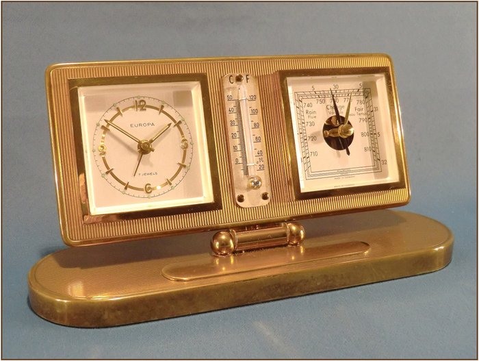 Ensemble de bureau à pendulette vintage EUROPA avec station météo - Horloge + Thermomètre + Baromètre