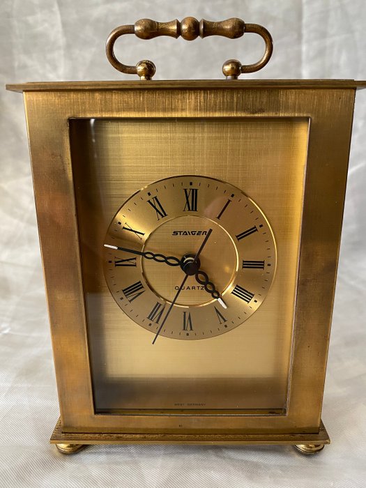 Antyczny kwarcowy zegar stołowy Staiger - brązowy metal