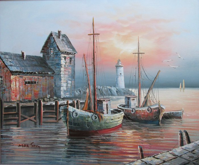 Max Savy (1918 - 2010) - Boote in ländlichem Hafen