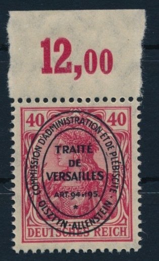 Allenstein voting area 1920 - “Germania” 40 pfennigs, bright red carmine, unissued stamp from the upper margin - Michel Nr. I  OR "echt & einwandfrei"