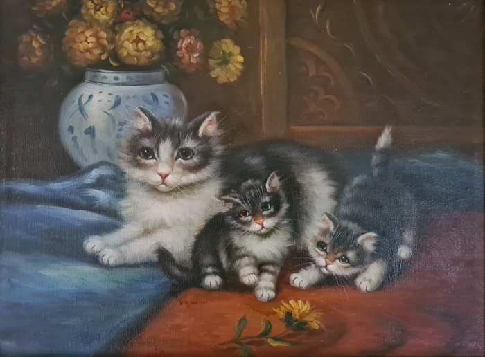 Image 1 of Dutch school, XX century - Cat and kittens