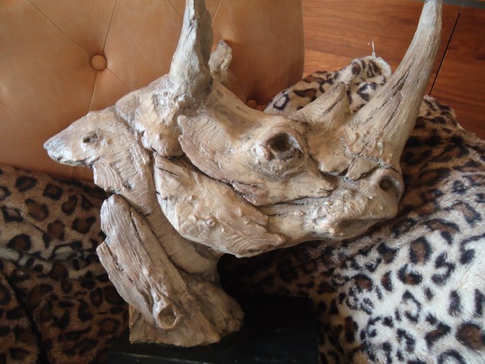 Image 3 of large decorative sculpture of white Rhinocerotidae - caststone statue in driftwood look - recent