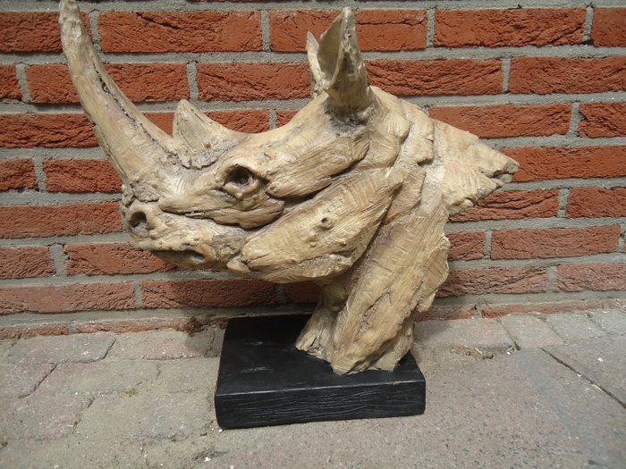 Image 1 of large decorative sculpture of white Rhinocerotidae - caststone statue in driftwood look - recent