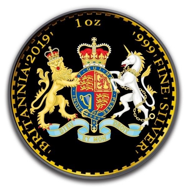 United Kingdom. 2 Pounds 2019 Britannia Coat of Arms Colorized Black Ruthenium - 1 oz