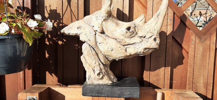 Image 2 of large decorative sculpture of white Rhinocerotidae - caststone statue in driftwood look - recent