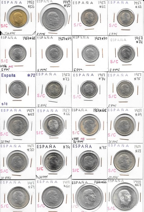 Spain. - Estado Español - 48 monedas de 1937 a 1975 - Franco - 2 de plata  SIN CIRCULAR Y EBC+