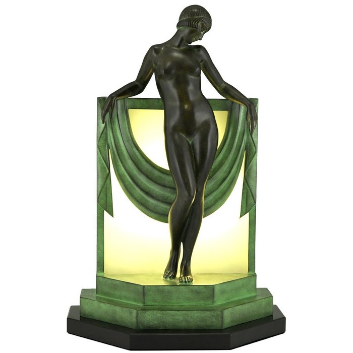 Fayral, Pierre Le Faguays - Max Le Verrier - Art Deco lampe med stående nøgen