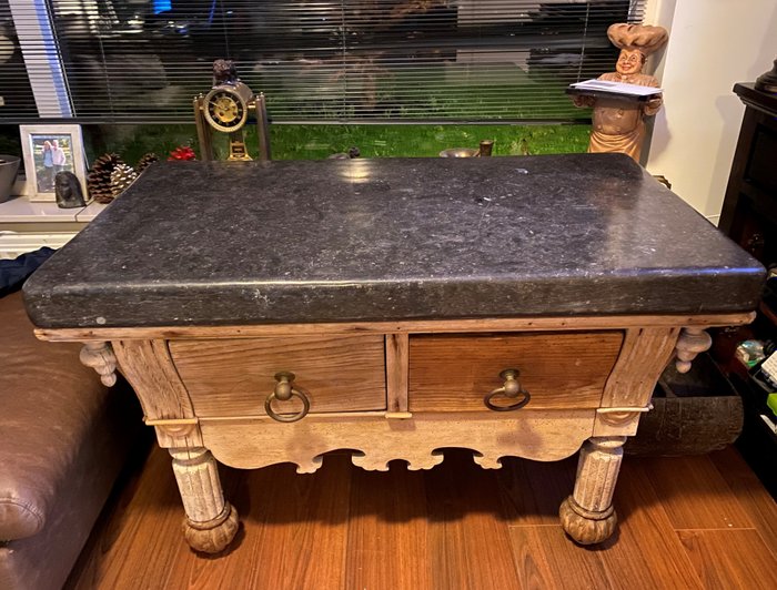 Table, Oak butcher's table, with thick marble top