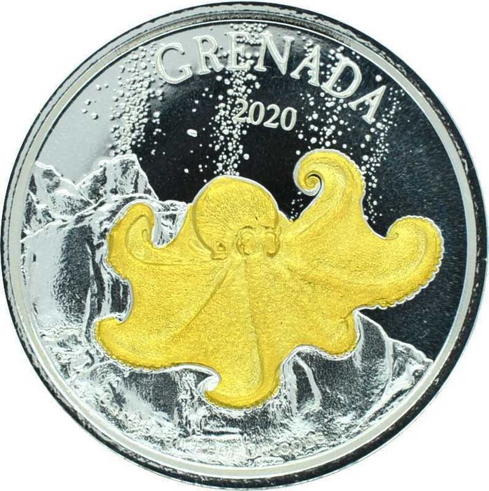 Grenade. 2 Dollars 2020 Grenada Octopus gilded - 1 OZ