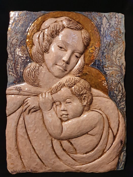 Walter Bartoli-Adelmo Cornacchia - Flis, Madonna med barn - 43 x 32 cm - Emalje, Keramikk