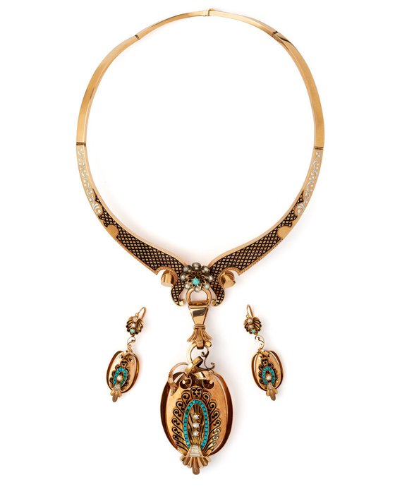 Victorian 18k gold set with enamel, turquoise and natural pearls - 18 carati Oro - Parure