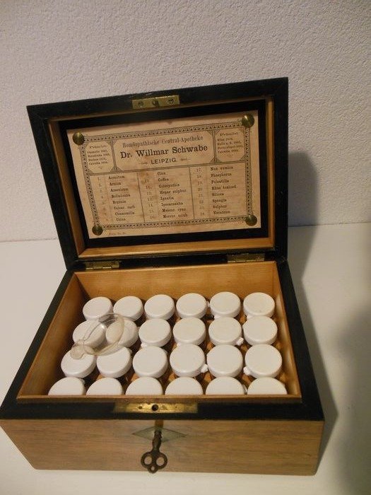 Antigua caja de madera de caoba Homeopathic Home Pharmacy - Dr. Willmar Schwabe de Leipzig (1) - Madera - Caoba, plástico