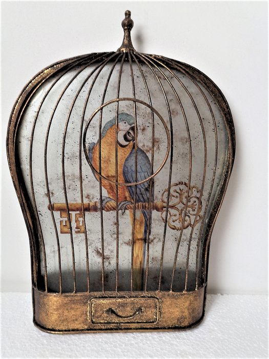 Cage à oiseaux vintage avec perroquet (1) - métal doré, plastique avec carton