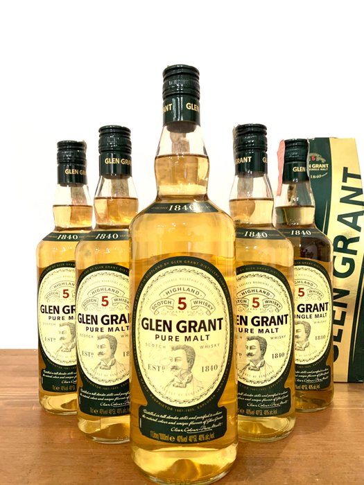 Glen Grant 5 years old Pure Malt Highland Scotch Whisky - b. 1990-talet - 100cl - 70cl - 5 flaskor