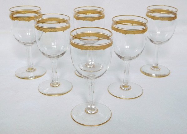 Saint Louis - 6 copas de vino o de oporto, modelo Roty grabado y dorado con oro fino - Cristal