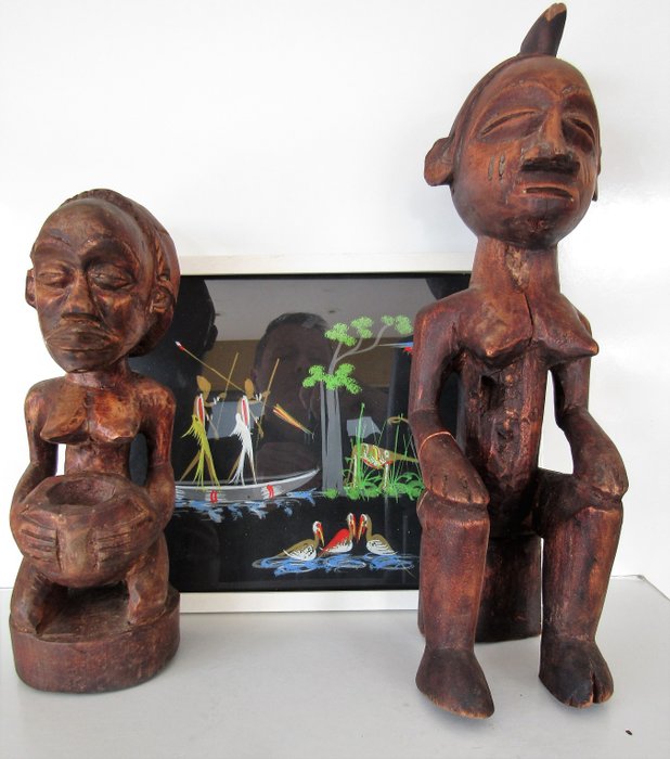 2 esculturas africanas antigas - esculturas - origem desconhecida + pintura da África do Sul (3) - Wood - África 