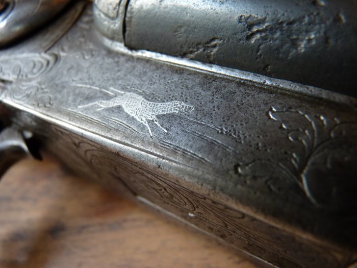 België – ELG – Shotgun Geweer – Antiek goud inleg gravering vrijgesteld Luiks/Liege dubbelloops jachtgeweer – Shotgun