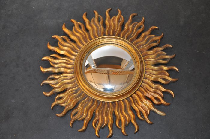 Espelho de sol de madeira dourado autêntico - Vidro da madeira e do espelho