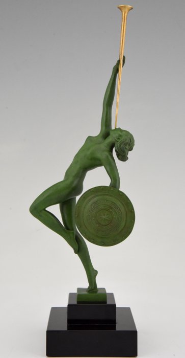 Raymonde Guerbe - Max Le Verrier - Art Deco skulptur nøgen kvinde med trompet