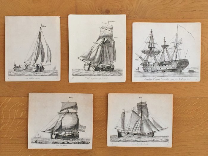 Gerrit Groenewegen (1754 – 1826) - Vijf etsen uit de serie “Verscheidene Soorten van Schepen en Vaartuigen”