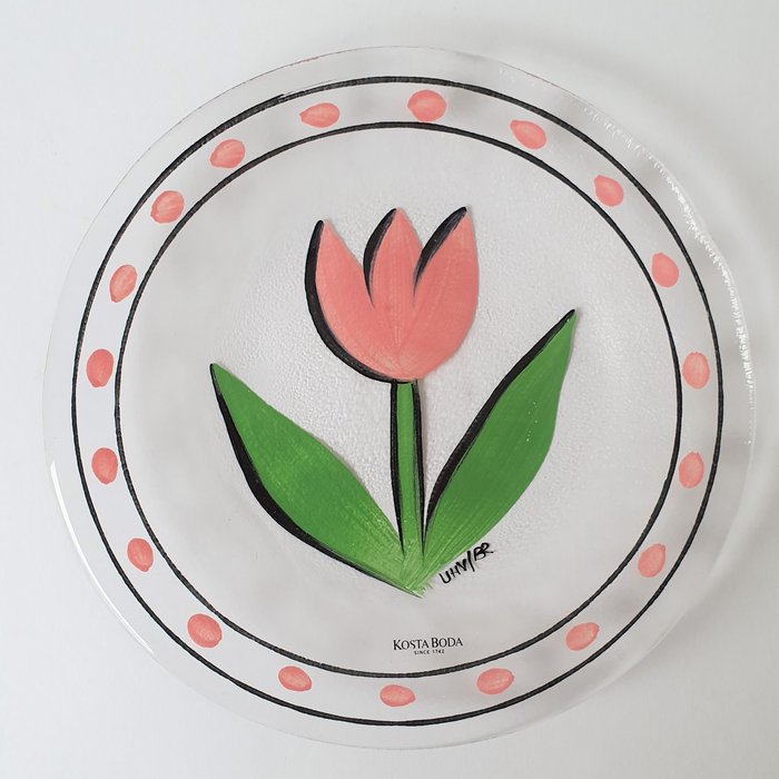 Ulrica Hydman-Vallien - Kosta Boda - Talerz z różowym tulipanem - podpisany - Kryształ