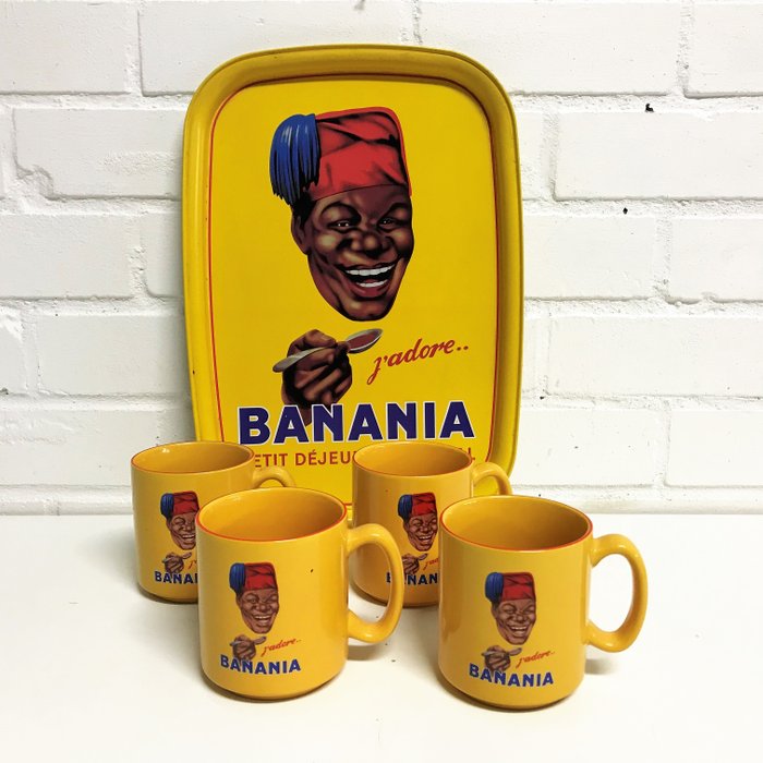 Banania Bandeja con 4 tazas. - Estaño / cerámica