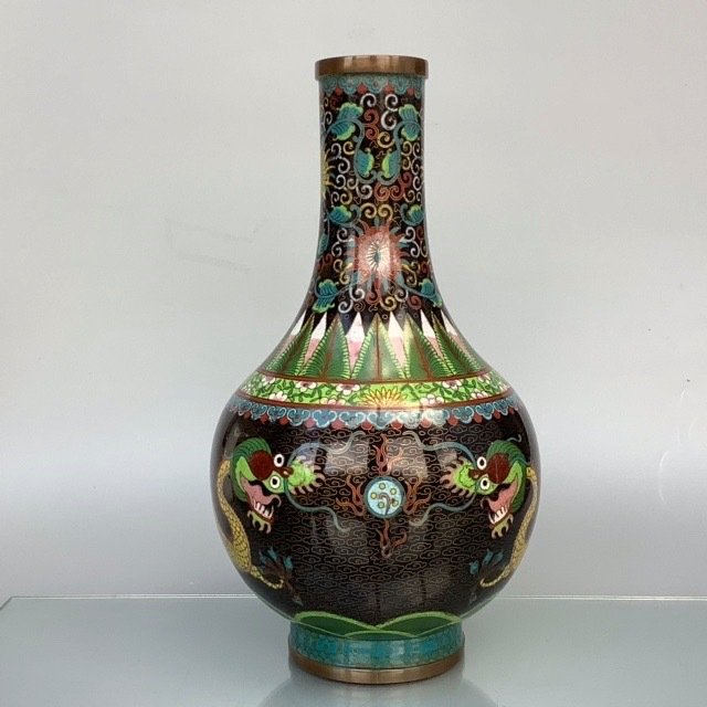 Antikk kinesisk cloisonne tianqiuping drage og lotus vase - Cloisonne-emalje - Kina - Sent på 1800-tallet til tidlig på 1900-tallet