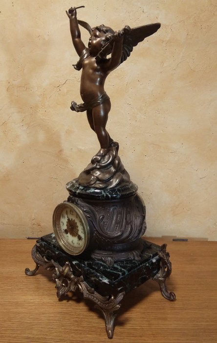 Zegar kominkowy - Rousseau - Cynk w bloczkach, Emalia, Marmur, Pozłacany brąz - połowa XIX wieku