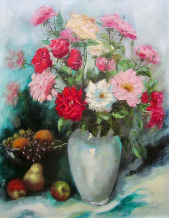 Edith van der Wissel (1944) - Impressionistisch stilleven met bloemen en fruit