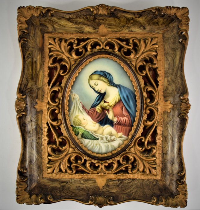 古董繪畫MADONNA帶兒童-木質和石膏框架從20年代/ 30年代 - 玻璃（彩色玻璃）