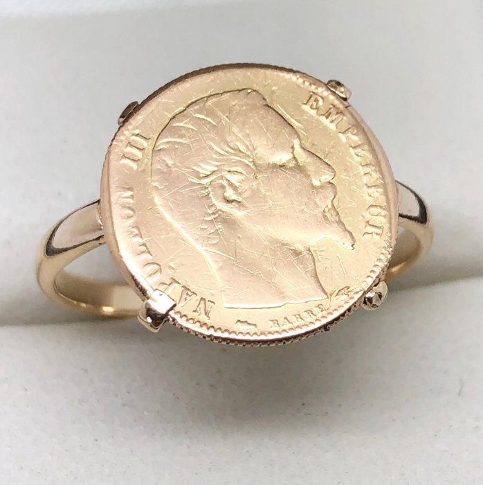 18 kt Gelbgold - Münzhalterring "kein Mindestpreis" 5 Franken oder Napoleon III 1854 (Gold 21,6 Karat)