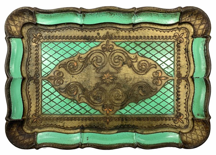 Florentina Legnolita - Altes italienisches Tablett mit Markenzeichen - Polychromes Holz, handbemalt.