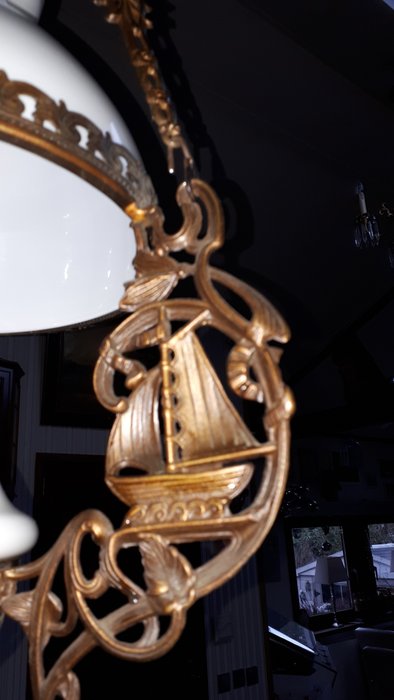 Vintage petroleum hanglamp met schepen (1) – Glas, Koper, Porselein