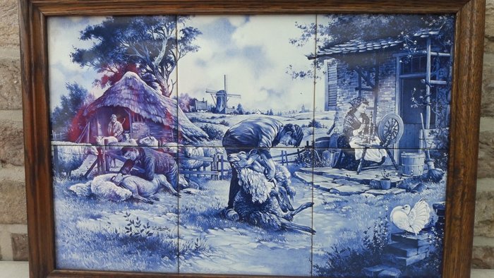 Painel de ladrilhos J.C. v. Hunnik, azul delft, tosquia de ovelhas - Cerâmica, Madeira