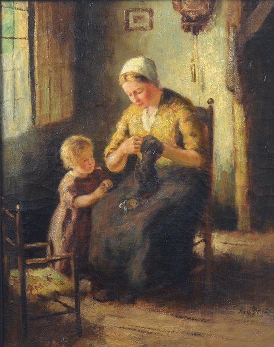 Andries van den Berg (1852-1944) – Interieur met boerin en haar dochter