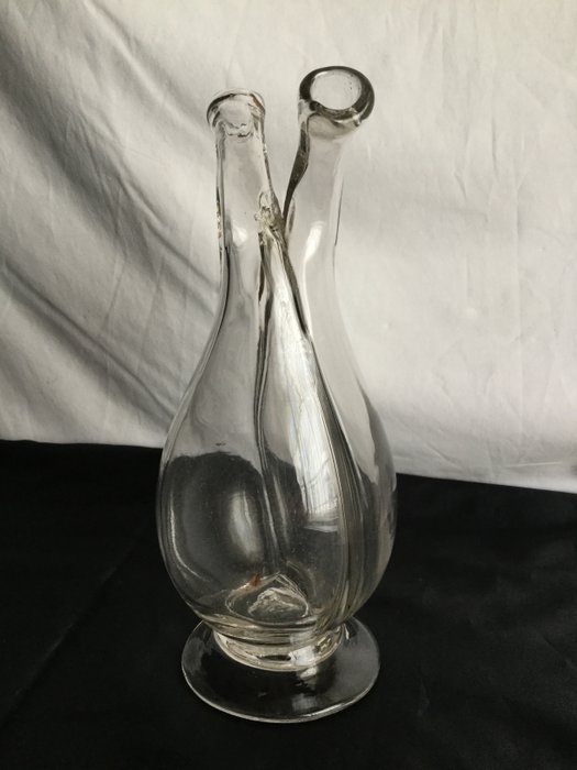 Elegant antiek geblazen glazen dubbel vinaigrette kannetje voor tafel olie en azijn – 19e eeuws mondgeblazen glas