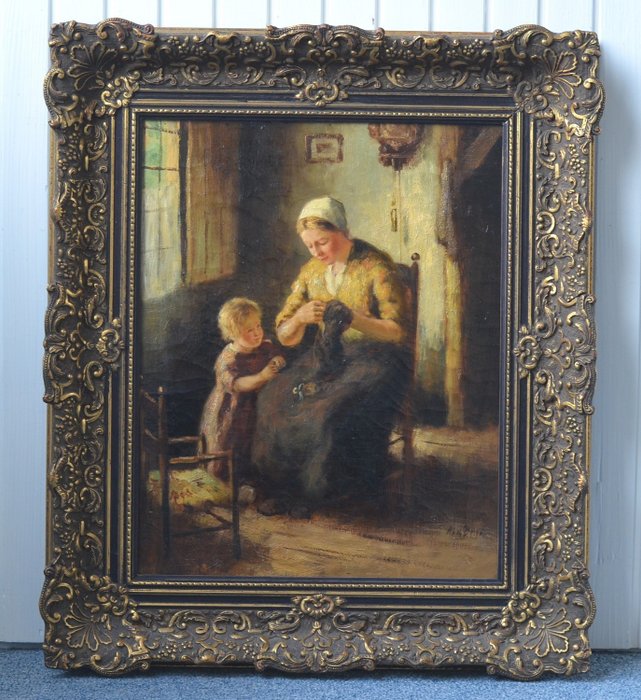 Andries van den Berg (1852-1944) – Interieur met boerin en haar dochter